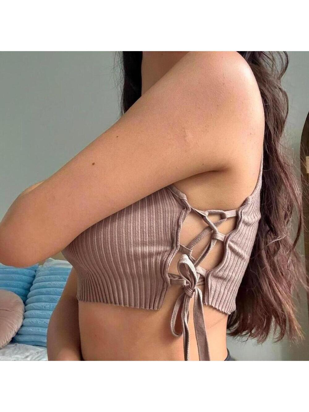 ZARA Ribbed Mauve Lace-Up Crop Top